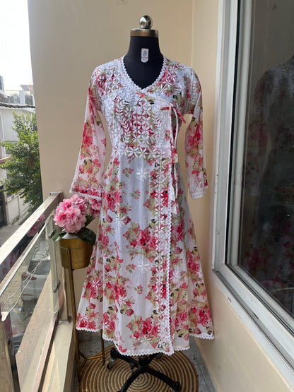 Beautiful Mul Mul Cotton Angarakha Kurti – Fine Chikankari Embroidery & Printed Elegance