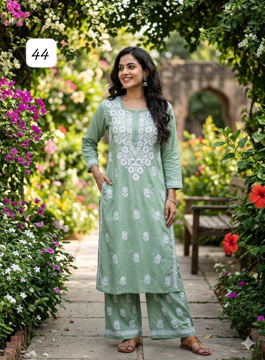 Premium Heavy Reyon Cotton Chikankari Kurti & Palazzo Set – Fine Heavy Embroidery Work