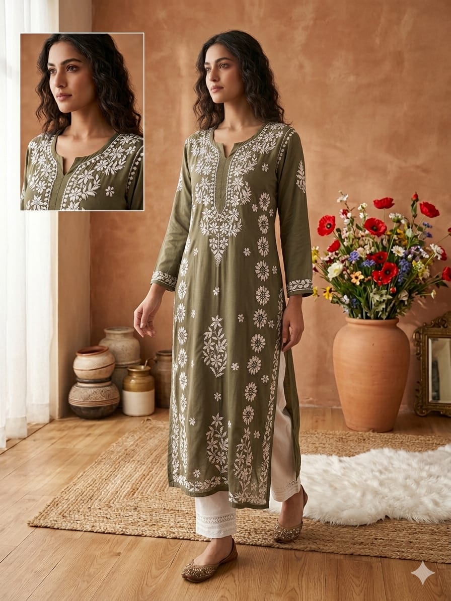 Lucknowi Chikankari Beautiful Heavy Work Modal Kurti