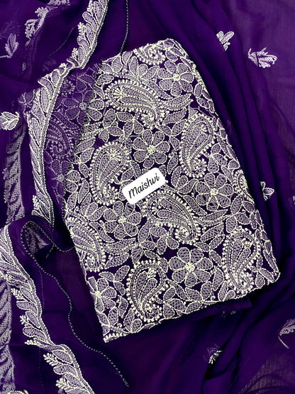Georgette 3 Pc Chikankari Suit – Kurta Dupatta Bottom Set with Intricate Handwork