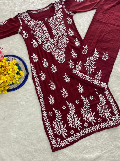 Reyon Cotton Chikankari Kurti with Palazzo Set – Fine Embroidery Work