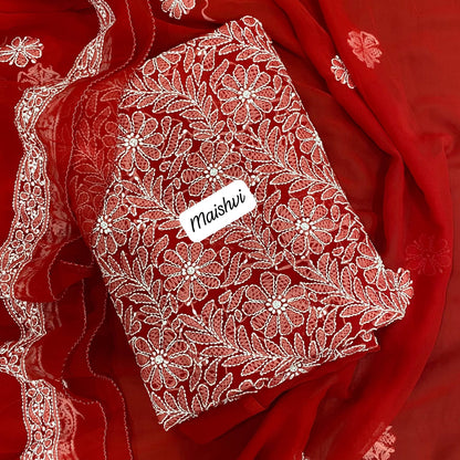 Georgette 3 Pc Chikankari Suit – Kurta Dupatta Bottom Set with Intricate Handwork