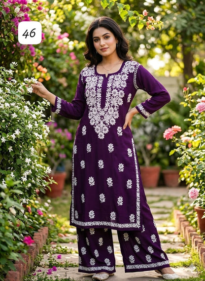 Premium Heavy Reyon Cotton Chikankari Kurti & Palazzo Set – Fine Heavy Embroidery Work