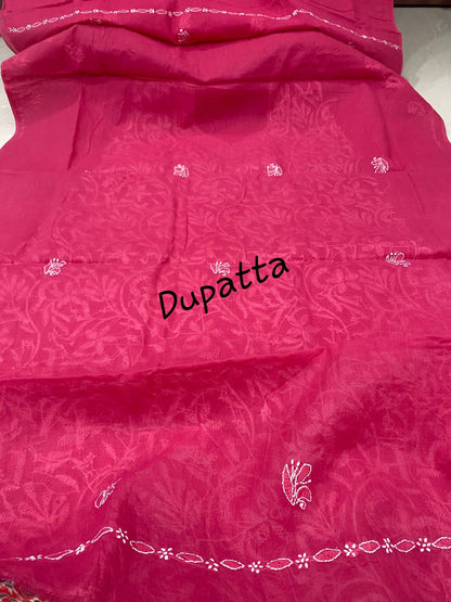 Pure Cotton 3 Pc Unstitched Suit with Front Jaal Chikankari & Cotton Dupatta
