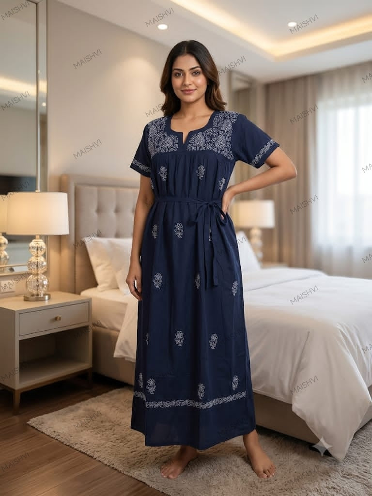 Hand Chikankari Cotton Nighty for Women | Soft, Breathable & Comfortable Nightwear