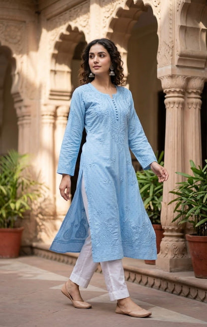 Lucknowi Chikankari Dobby Dyeable Cotton Kurti – Soft Pastel Summer Essential