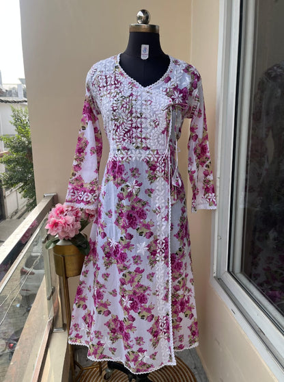 Beautiful Mul Mul Cotton Angarakha Kurti – Fine Chikankari Embroidery & Printed Elegance