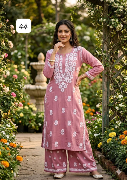 Premium Heavy Reyon Cotton Chikankari Kurti & Palazzo Set – Fine Heavy Embroidery Work