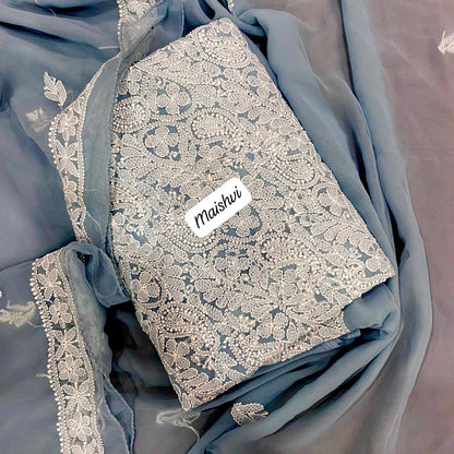 Georgette 3 Pc Chikankari Suit – Kurta Dupatta Bottom Set with Intricate Handwork