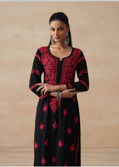 Exclusive Premium Reyon Gala Buti Work Kurta – Black Base with Colour Thread Work