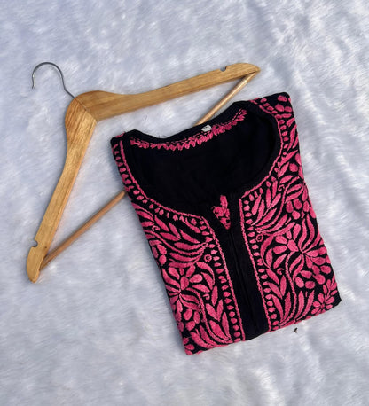 Exclusive Premium Reyon Gala Buti Work Kurta – Black Base with Colour Thread Work