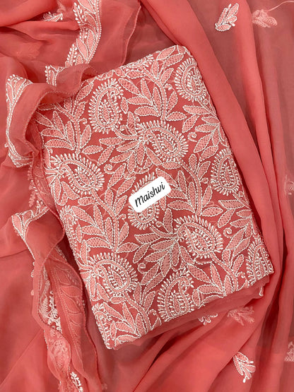Georgette 3 Pc Chikankari Suit – Kurta Dupatta Bottom Set with Intricate Handwork