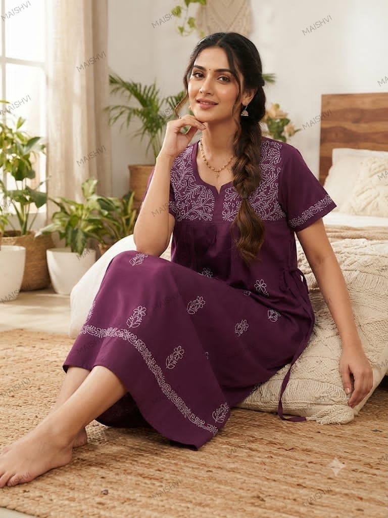 Hand Chikankari Cotton Nighty for Women | Soft, Breathable & Comfortable Nightwear
