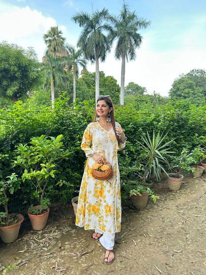Beautiful Mul Mul Cotton Angarakha Kurti – Fine Chikankari Embroidery & Printed Elegance