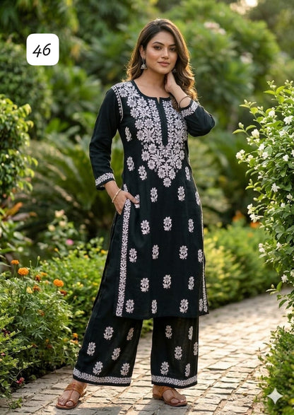 Premium Heavy Reyon Cotton Chikankari Kurti & Palazzo Set – Fine Heavy Embroidery Work