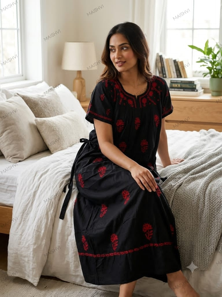 Non-Transparent Cotton Nighty with Adjustable Belt & Tone-on-Tone Work | Soft & Comfortable Sleepwear for Women