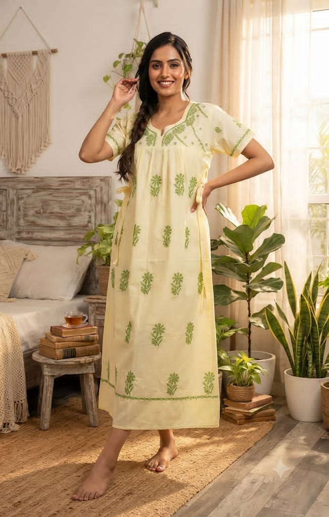 Non-Transparent Cotton Nighty with Adjustable Belt & Tone-on-Tone Work | Soft & Comfortable Sleepwear for Women