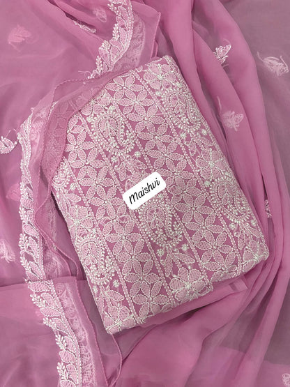 Georgette 3 Pc Chikankari Suit – Kurta Dupatta Bottom Set with Intricate Handwork