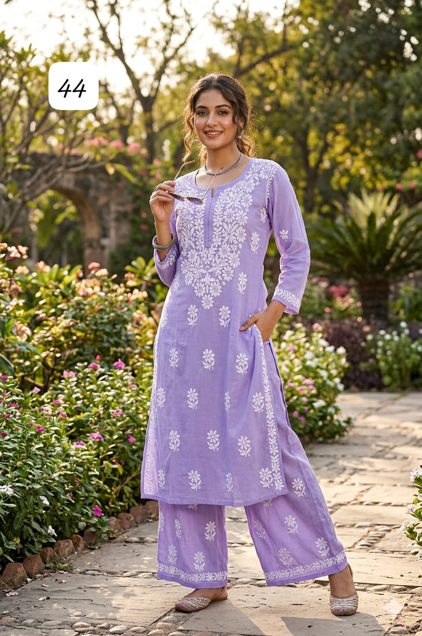 Premium Heavy Reyon Cotton Chikankari Kurti & Palazzo Set – Fine Heavy Embroidery Work