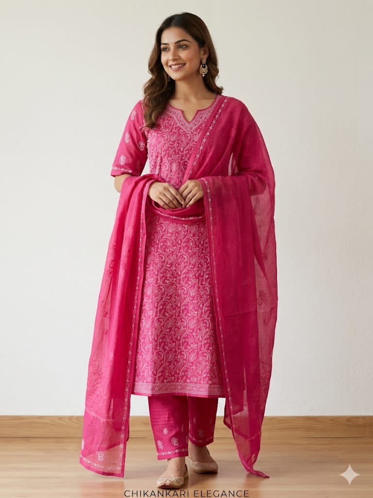 Pure Cotton 3 Pc Unstitched Suit with Front Jaal Chikankari & Cotton Dupatta