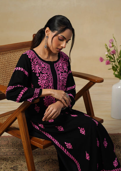 Exclusive Premium Reyon Gala Buti Work Kurta – Black Base with Colour Thread Work
