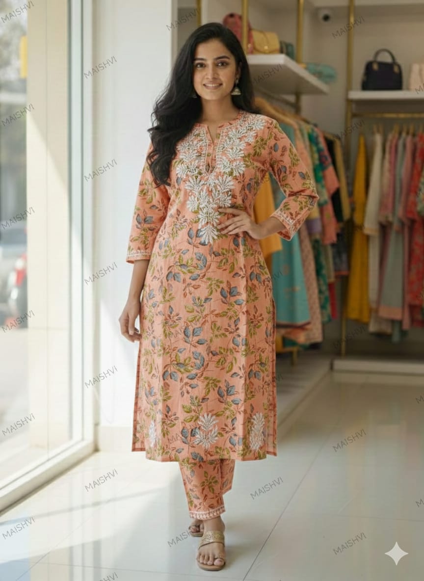 Aesthetic Print Mul Mul Cotton Kurti Plazzo Set – Handcrafted Two-Piece Ensemble