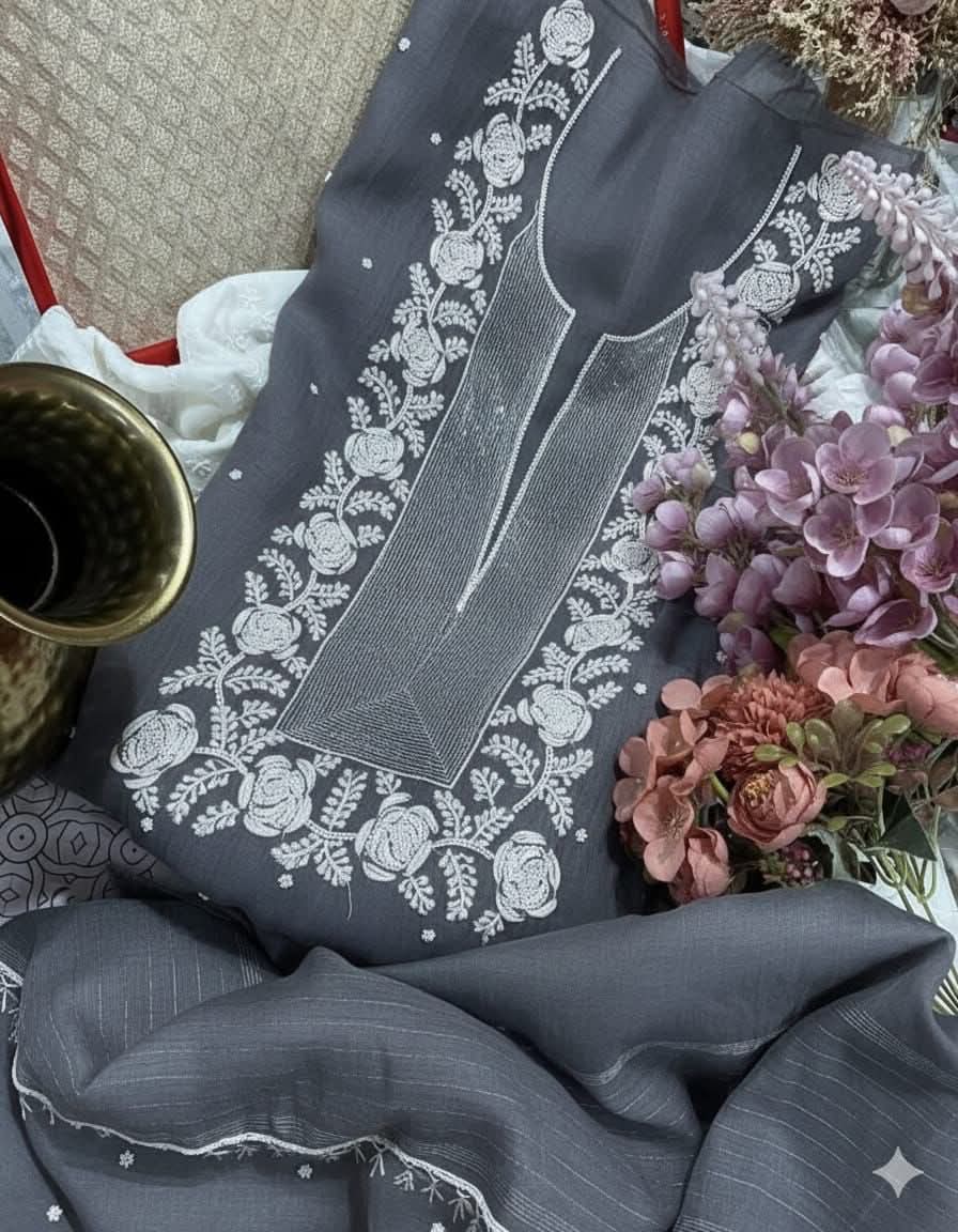 Exclusive Pure Mul Chanderi Kurta Material & Dupatta with Cutdana Work - Rose Design