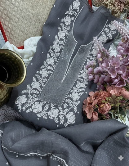 Exclusive Pure Mul Chanderi Kurta Material & Dupatta with Cutdana Work - Rose Design
