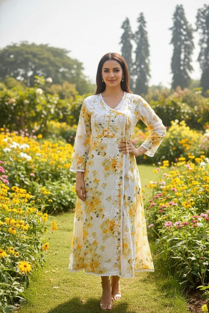 Beautiful Mul Mul Cotton Angarakha Kurti – Fine Chikankari Embroidery & Printed Elegance