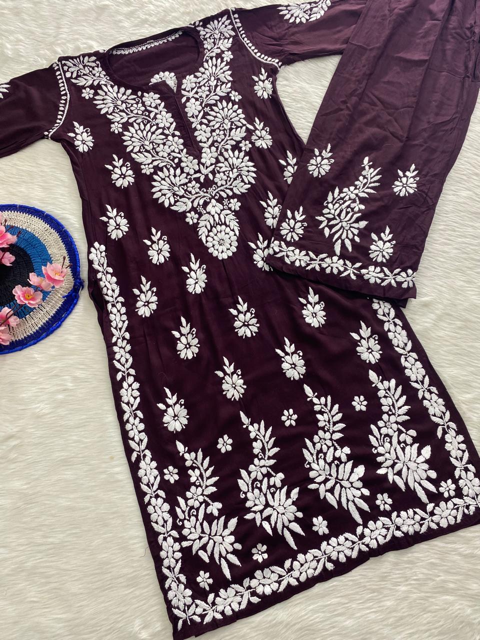 Reyon Cotton Chikankari Kurti with Palazzo Set – Fine Embroidery Work