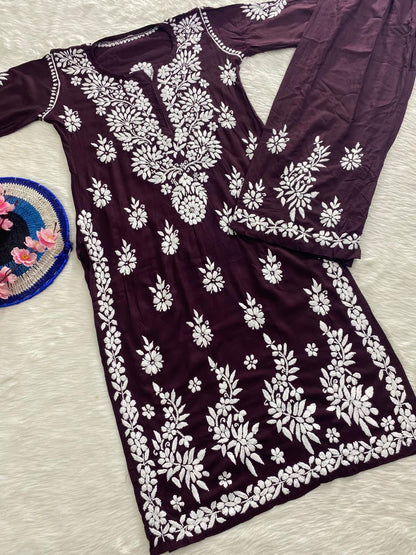 Reyon Cotton Chikankari Kurti with Palazzo Set – Fine Embroidery Work