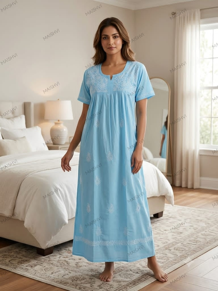 Hand Chikankari Cotton Nighty for Women | Soft, Breathable & Comfortable Nightwear