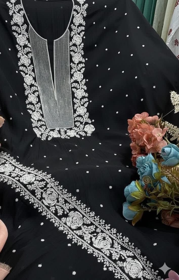 Exclusive Pure Mul Chanderi Kurta Material & Dupatta with Cutdana Work - Rose Design