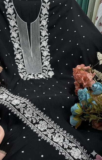 Exclusive Pure Mul Chanderi Kurta Material & Dupatta with Cutdana Work - Rose Design