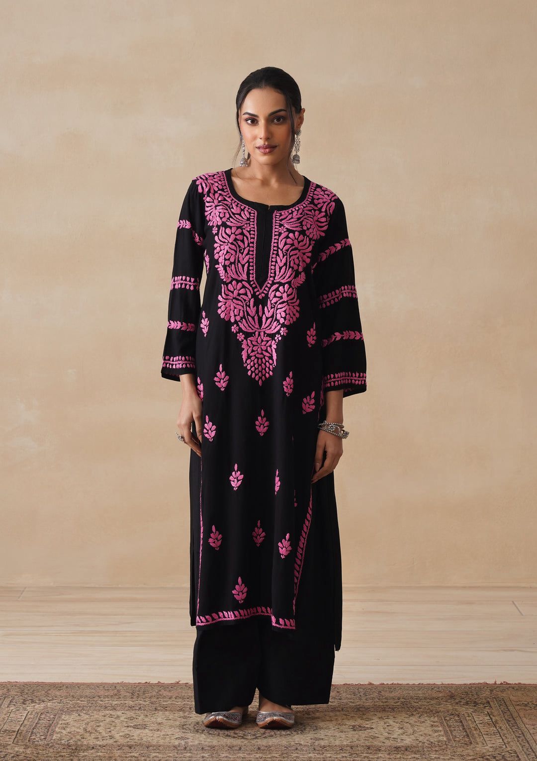Exclusive Premium Reyon Gala Buti Work Kurta – Black Base with Colour Thread Work