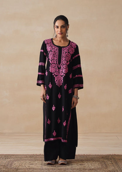 Exclusive Premium Reyon Gala Buti Work Kurta – Black Base with Colour Thread Work