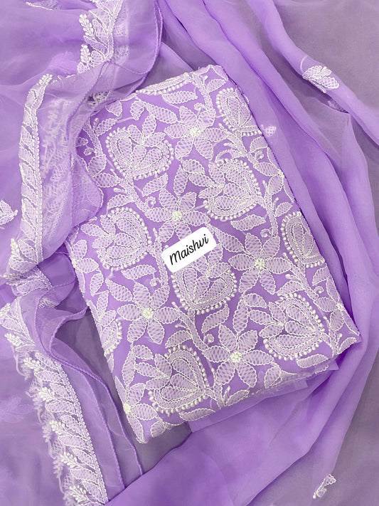 Georgette 3 Pc Chikankari Suit – Kurta Dupatta Bottom Set with Intricate Handwork