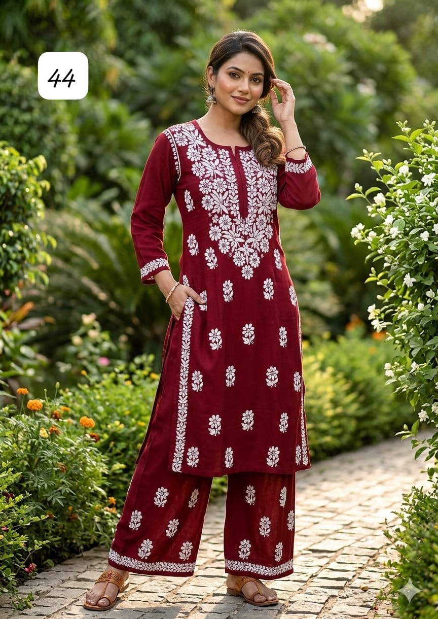 Premium Heavy Reyon Cotton Chikankari Kurti & Palazzo Set – Fine Heavy Embroidery Work