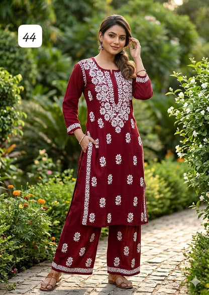 Premium Heavy Reyon Cotton Chikankari Kurti & Palazzo Set – Fine Heavy Embroidery Work