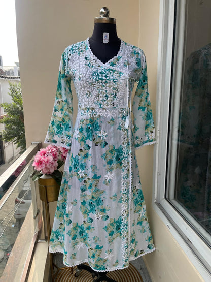 Beautiful Mul Mul Cotton Angarakha Kurti – Fine Chikankari Embroidery & Printed Elegance