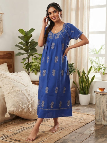 Non-Transparent Cotton Nighty with Adjustable Belt & Tone-on-Tone Work | Soft & Comfortable Sleepwear for Women