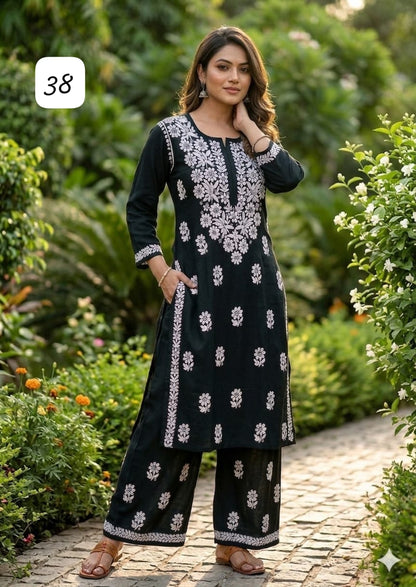 Premium Heavy Reyon Cotton Chikankari Kurti & Palazzo Set – Fine Heavy Embroidery Work