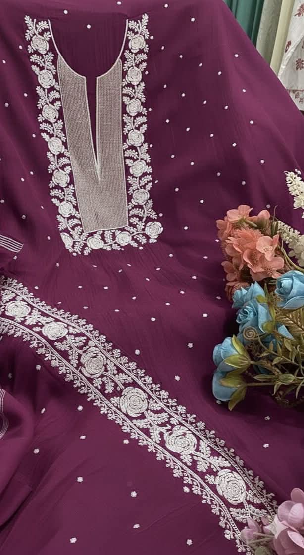 Exclusive Pure Mul Chanderi Kurta Material & Dupatta with Cutdana Work - Rose Design