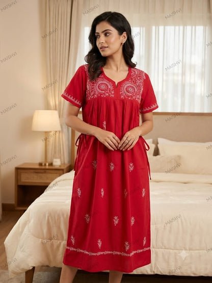 Hand Chikankari Cotton Nighty for Women | Soft, Breathable & Comfortable Nightwear
