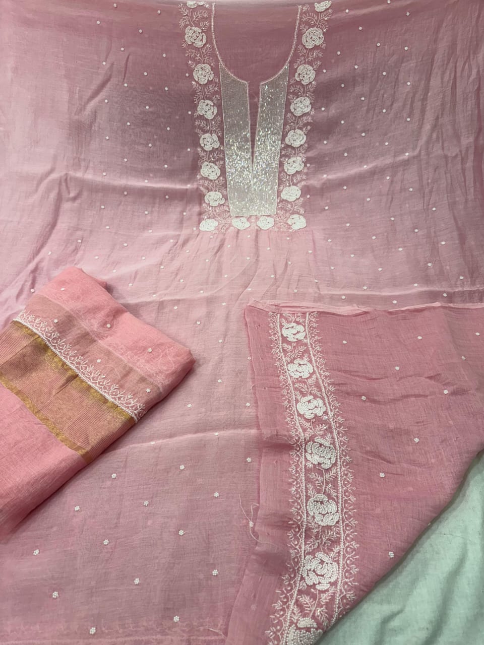 Exclusive Pure Mul Chanderi Kurta Material & Dupatta with Cutdana Work - Rose Design