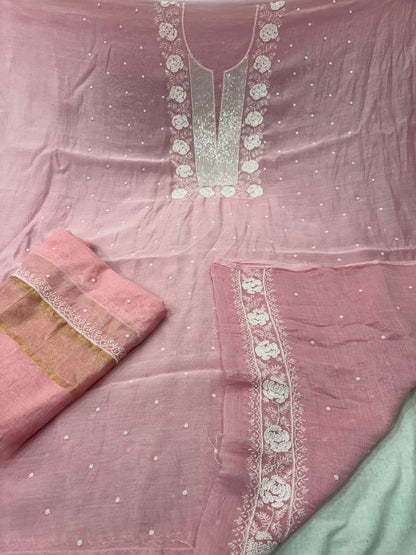 Exclusive Pure Mul Chanderi Kurta Material & Dupatta with Cutdana Work - Rose Design