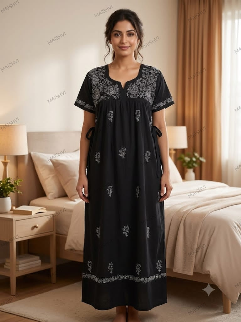 Hand Chikankari Cotton Nighty for Women | Soft, Breathable & Comfortable Nightwear