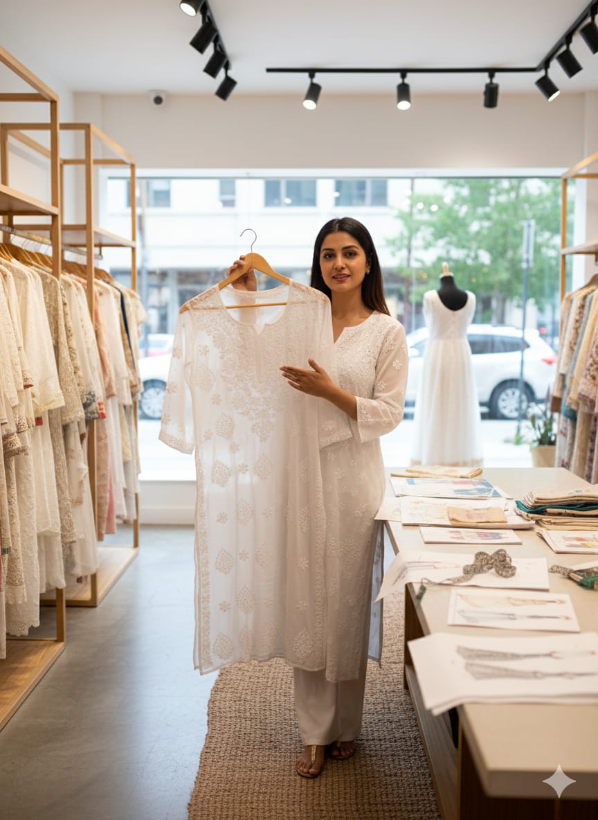 Viscose dyeable 3d work kurti set