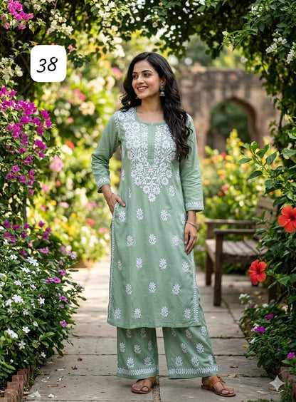 Premium Heavy Reyon Cotton Chikankari Kurti & Palazzo Set – Fine Heavy Embroidery Work