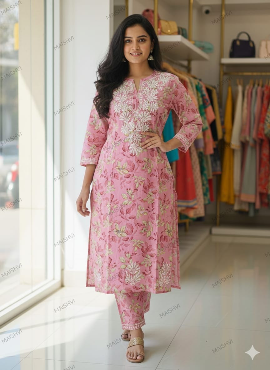 Aesthetic Print Mul Mul Cotton Kurti Plazzo Set – Handcrafted Two-Piece Ensemble